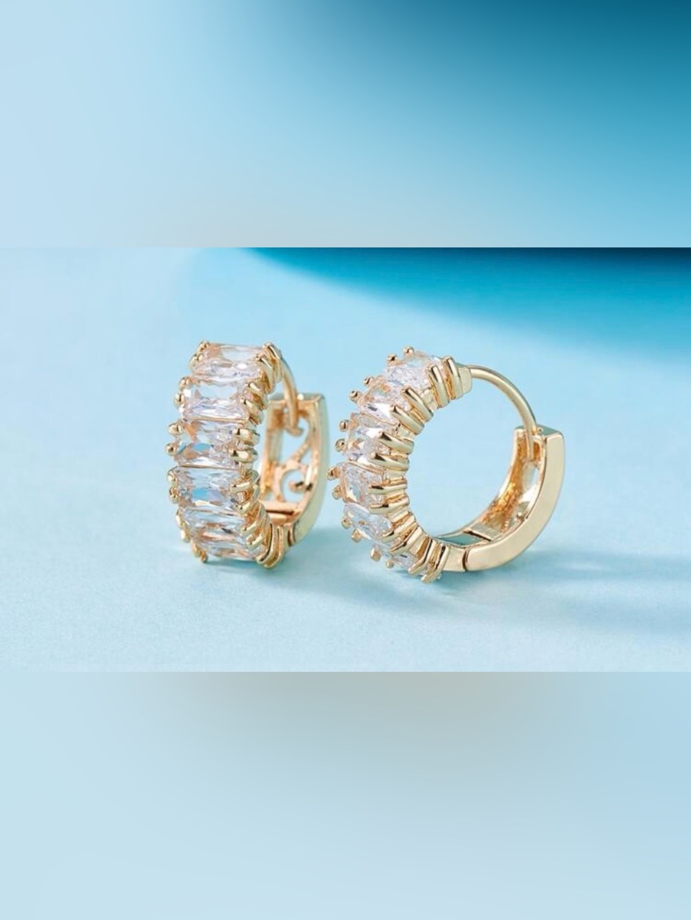 NEW Gold Crystal Huggie Earrings Clear Stones Baguette NWOT